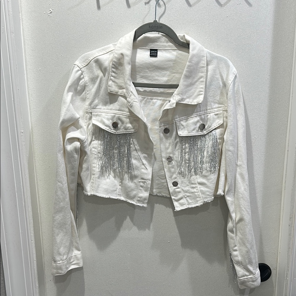 SHEIN White Silver Cropped Jean Jacket